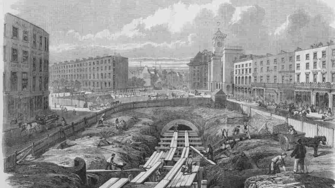"Cut and cover” construction of Metropolitan line in 1861, illustration by Percy William Justyne.